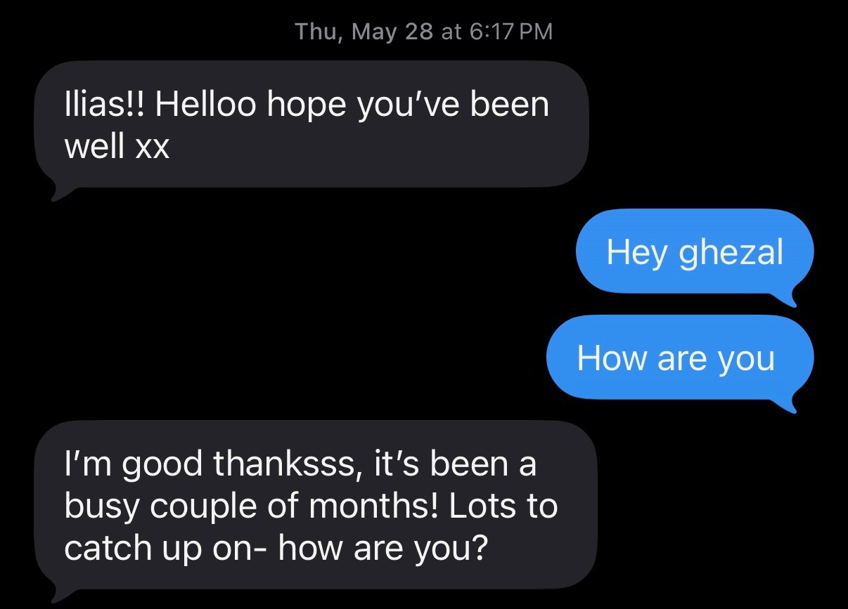 The first message Ghezal sent to reconnect